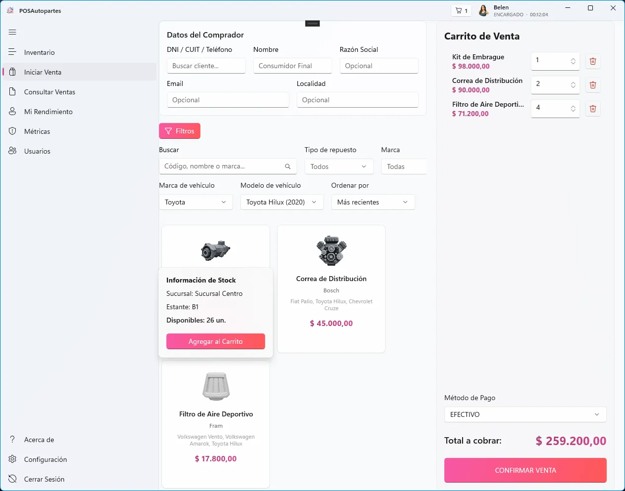 Pantalla de venta con el carrito y la búsqueda de productos.
