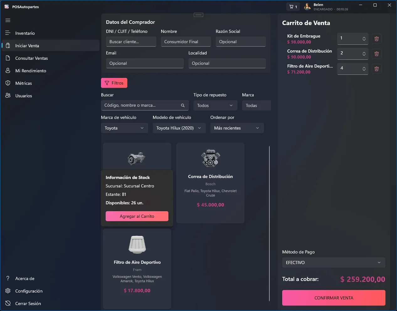 Pantalla de venta con el carrito y la búsqueda de productos.