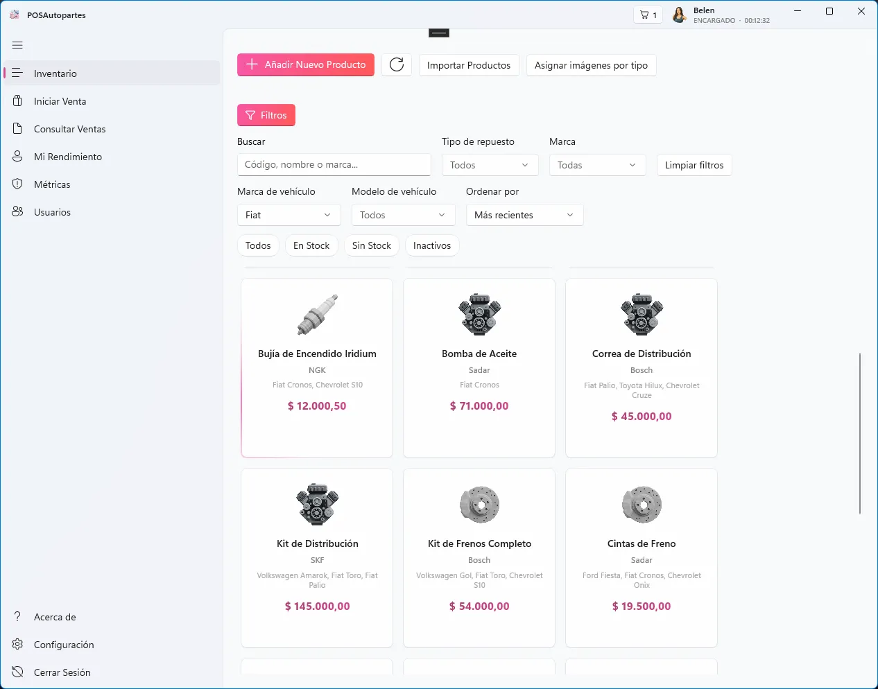 Listado de inventario con filtros por tipo de repuesto.