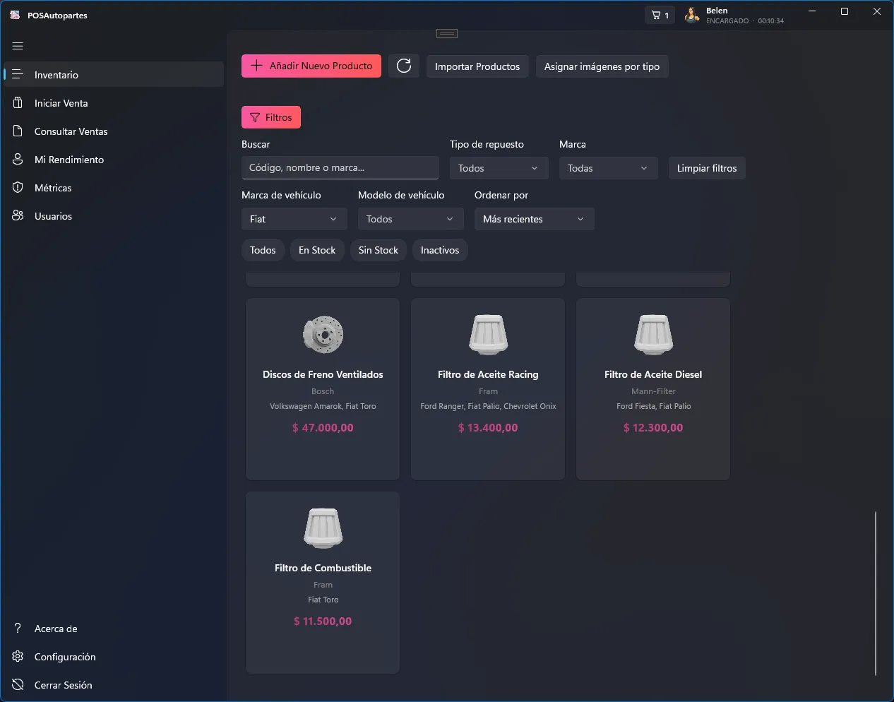 Listado de inventario con filtros por tipo de repuesto.