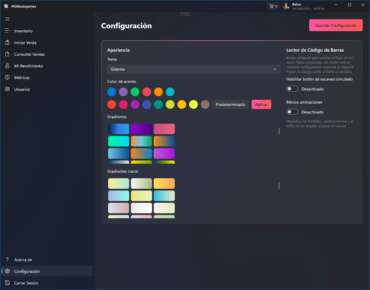Configuración del sistema: sucursales, terminales y preferencias.